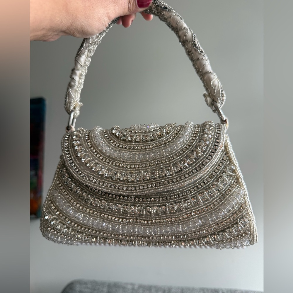 Handmade Silver Pearls and Beaded Party Clutch Bag- Brand New - Picture 2 of 7